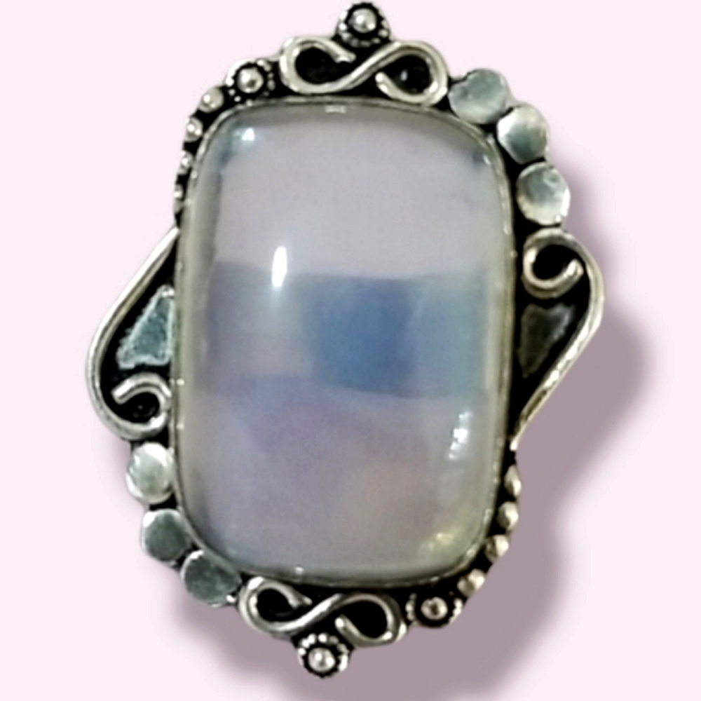 Hand Crafted Milky Opal .925 Sterling Silver Statement Ring SZ 8 3/4